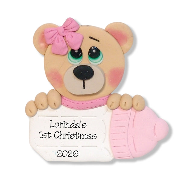 Bear with Baby Bottle Personalized Ornament for Girl