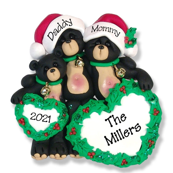 Black Bear Family of 3 with Christmas Hearts Personalized Family Ornament - Custom Ornament