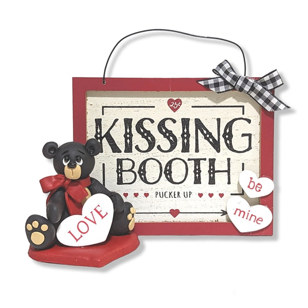 Handmade Polymer Clay Black Bear with Kissing Booth Sign