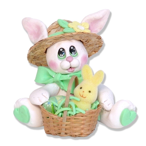 White EASTER BUNNY with Straw Hat and Basket Figurine Handmade to Order