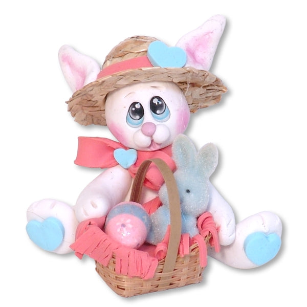 White EASTER BUNNY with Straw Hat and Basket Figurine Blue & Coral
