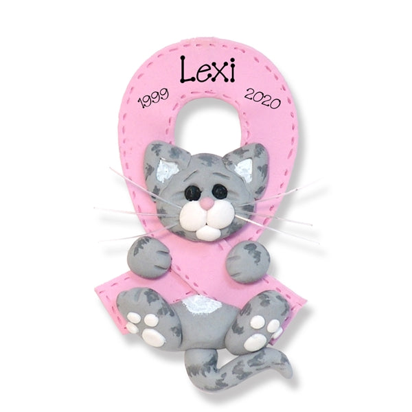 Breast CANCER-PINK RIBBON Survivor / Memorial Gray Tabby Kitty Cat - Personalized Ornament