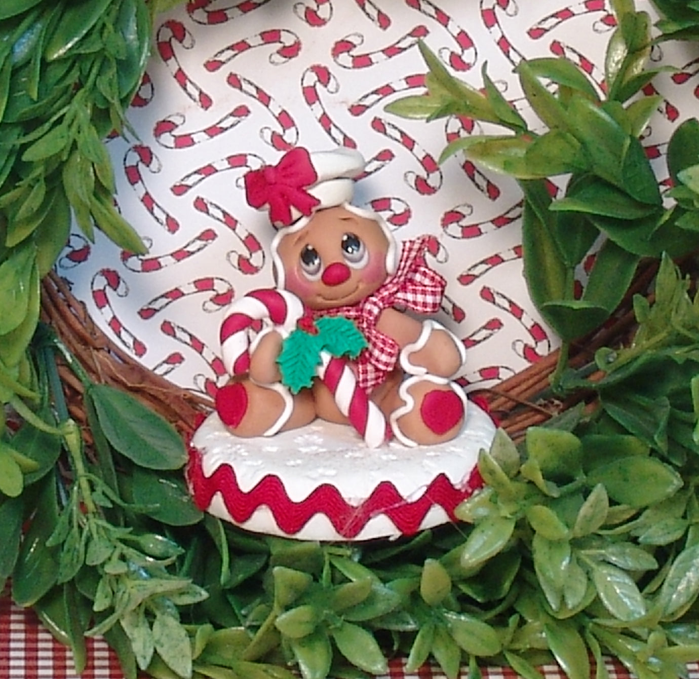 Gingerbread Clay Figure with Candy Cane Handmade Figurine