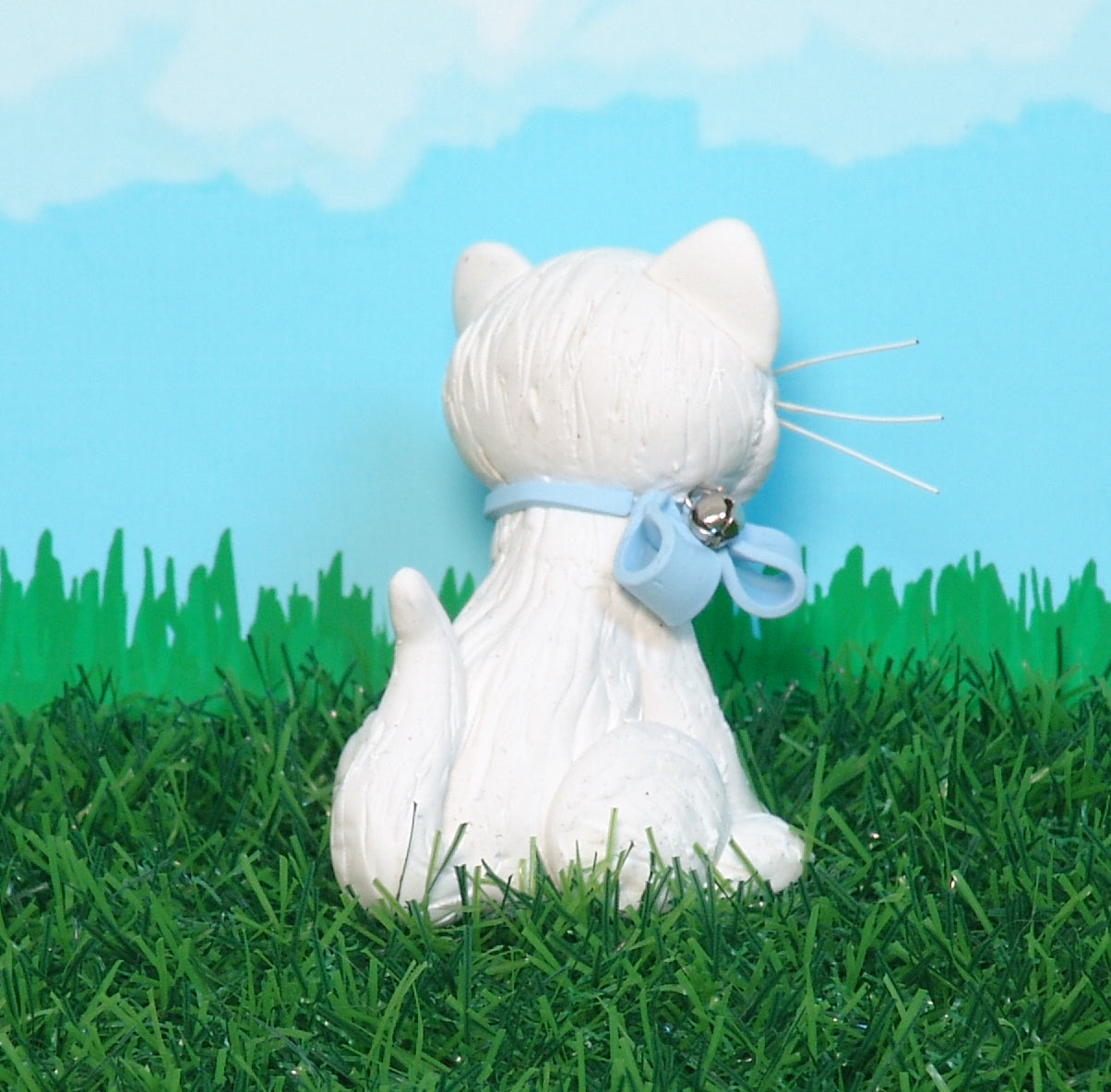 White Kitty Cat with Blue Bow & Silver Bell