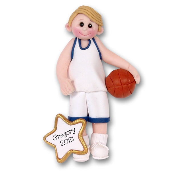 Boy Basketball Player-Male Handmade Polymer Clay Ornament in Custom Gift Box - BLONDE
