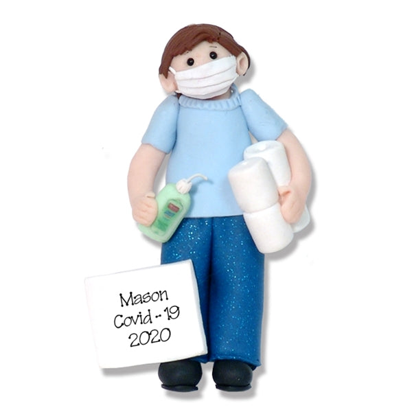 Covid-19 Corona Virus Boy w/Brown Hair HANDMADE Personalized Christmas Ornament in Custom Box