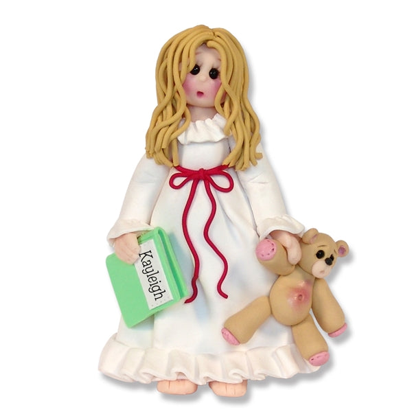Girl in Nightie / Pajamas Handmade Polymer Clay Personalized Christmas Ornament - BLONDE