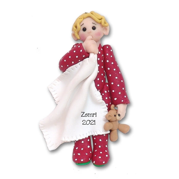 BLONDE Little Boy Toddler w/Blanket and Red Pajamas - Personalized Ornament in Custom Gift Box