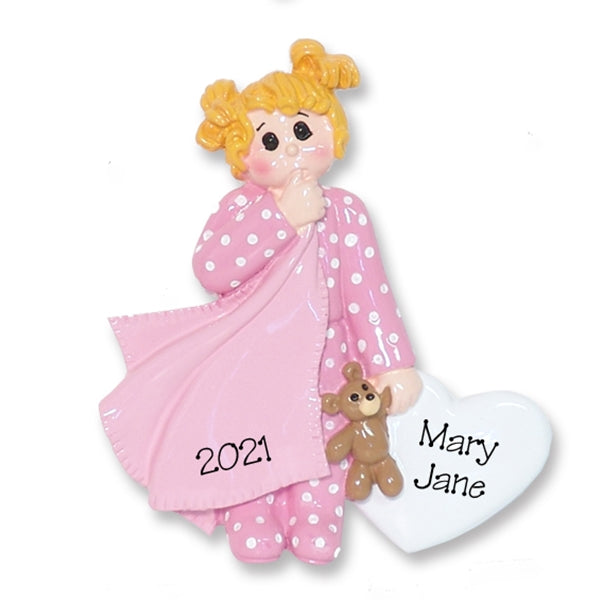 Blonde Little Girl Toddler w/Blanket and Pink Pajamas - Personalized Ornament - RESIN