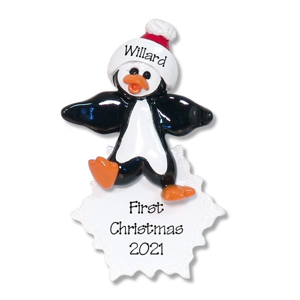 Petey Penguin on Snowflake Personalized Christmas Ornament - RESIN
