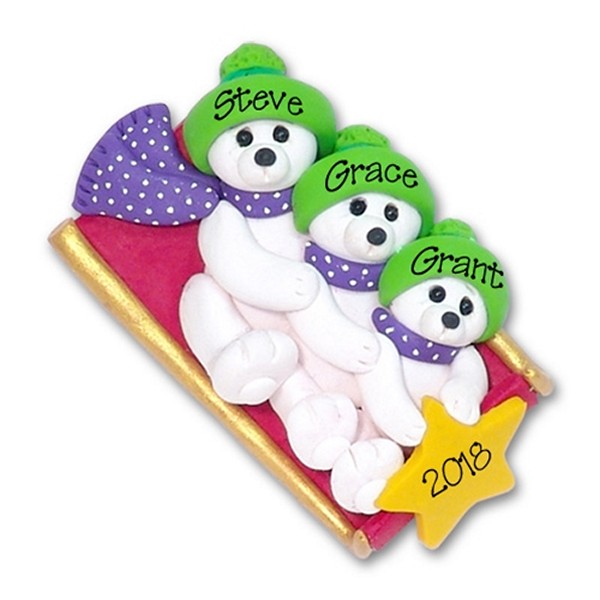Polar Bear Family of 3 on Sled Personalized Family Ornament 2 - Limited Edition