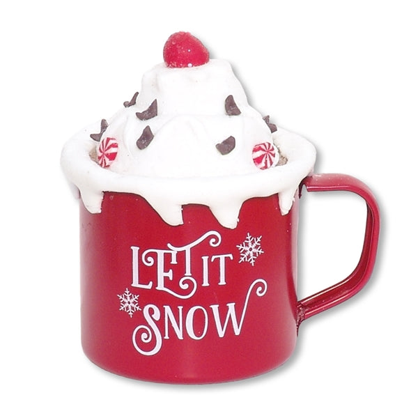 Tin Coffee Cup of Hot Chocolate with "Let it Snow"