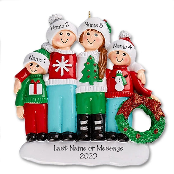 Ugly Sweater Family of 4 Personalized Christmas Ornament - RESIN