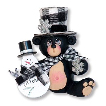 Black Bear w/Top Hat and Snowman Handmade Christmas Ornament
