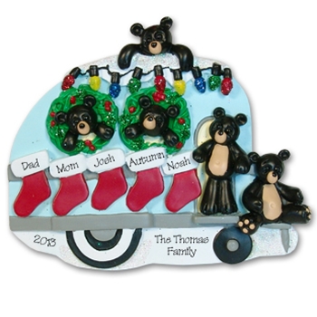 RESIN<br>Black Bear Family of 5 Camping / Camper Personalized Family Ornament