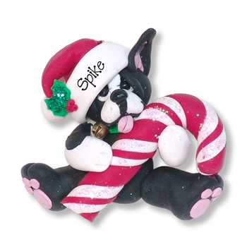 Boston Terrier with Candy Cane Personalized Ornament