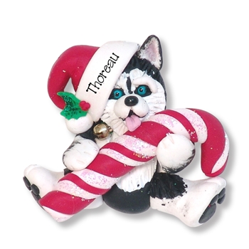 Siberian Husky with Candy Cane Personalized Ornament
