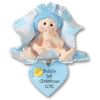 RESIN<br>Baby in Blue Blanket<br>Personalized<br>Baby Ornament