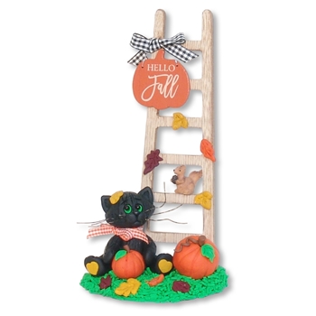Spooky's "Hello Fall" Handmade Black Cat with Wooden Ladder
