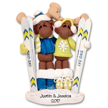Mortimer Moose Skiing Couple  Personalized Couples Ornament  Limited Edition