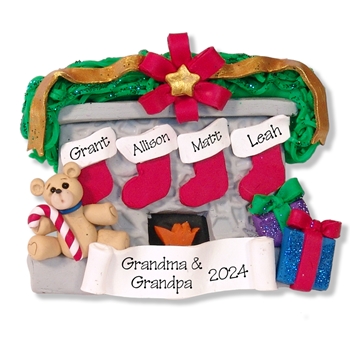 Fireplace w/Bear & 4 Stockings Family Ornament