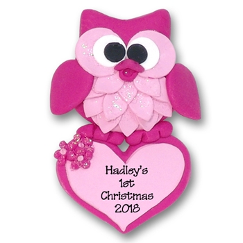 Pink Owl w/ Heart 1st Christmas Ornament  Limited Edition