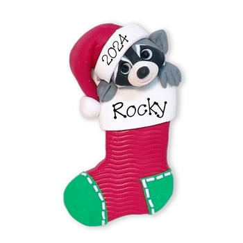 Rocky Raccoon in Stocking Personalized Christmas Ornament
