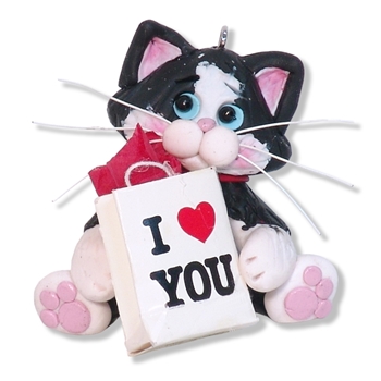 Tuxedo KITTY CAT w/Valentine Gift Bag Handmade Polymer Clay