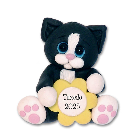 Tuxedo KITTY CAT w/Flower Handmade Polymer Clay