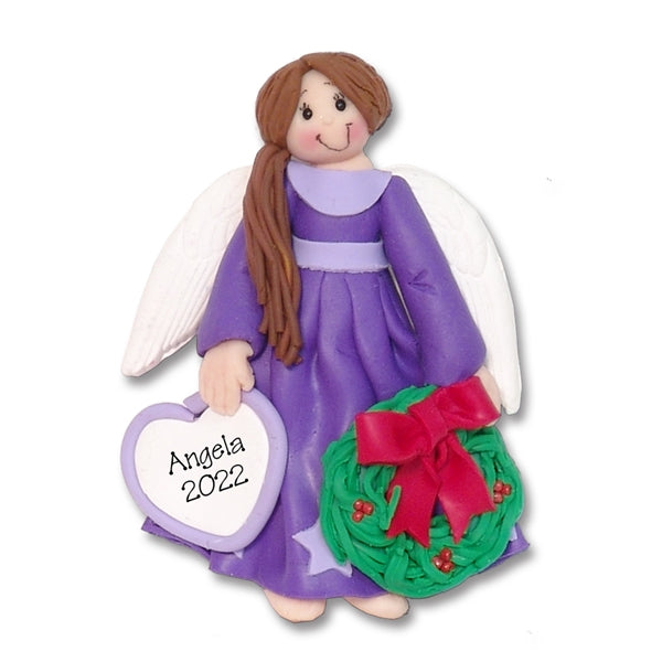 Purple Angel w/Brown Hair & Wreath Personalized Ornament - Limited Edition