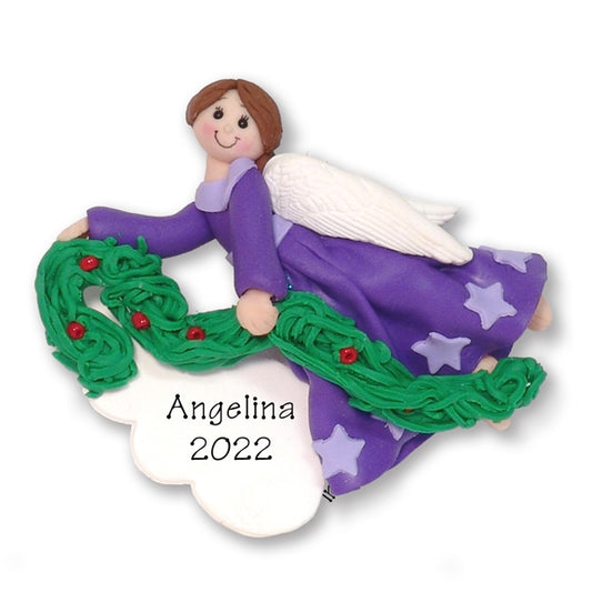 Purple Angel w/Brown Hair & Garland Personalized Ornament - Limited Edition