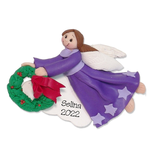 Flying Purple Angel w/Brown Hair & Wreath Personalized Ornament - Limited Edition