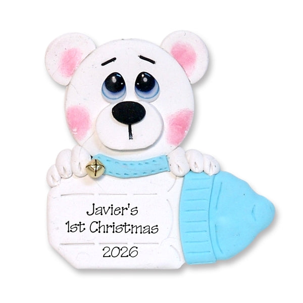 Polar Bear with Baby Bottle Personalized Boy Ornament