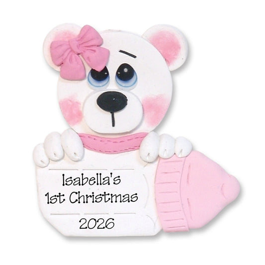 Polar Bear with Baby Bottle Personalized Girl Ornament