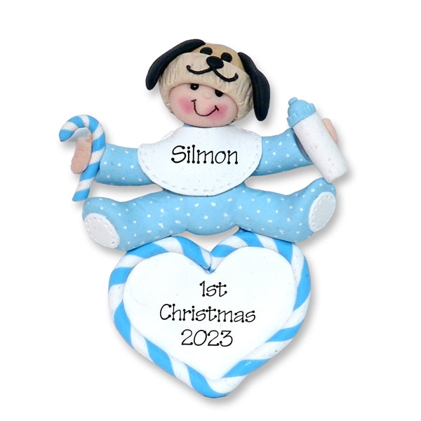 Baby Boy on Heart w/Puppy Dog Hat 1st Christmas Ornament