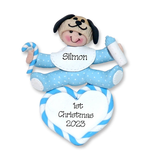 Baby Boy on Heart w/Puppy Dog Hat 1st Christmas Ornament