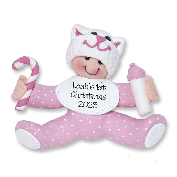 Baby Girl on Heart w/Kitty Hat Personalized 1st Christmas Ornament