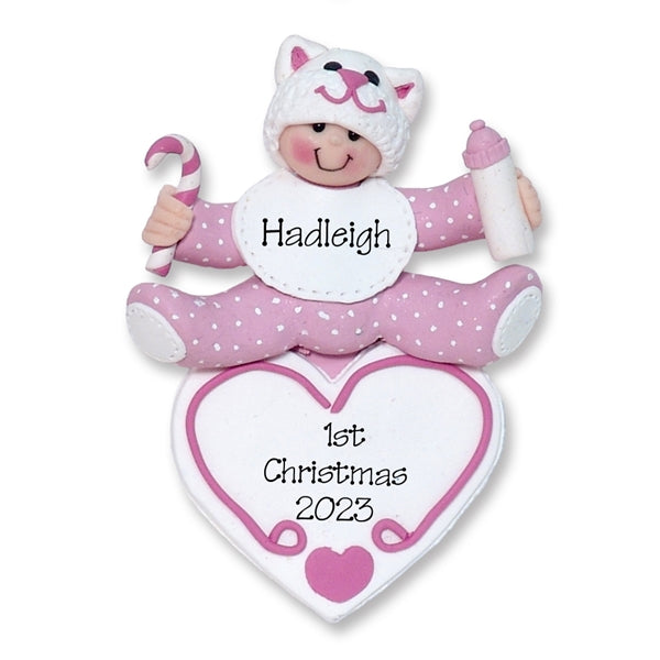 Baby Girl on Heart w/Kitty Hat Personalized 1st Christmas Ornament