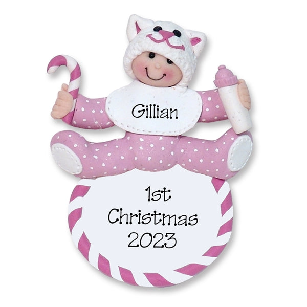 Baby Girl on Heart w/Kitty Hat Personalized 1st Christmas Ornament