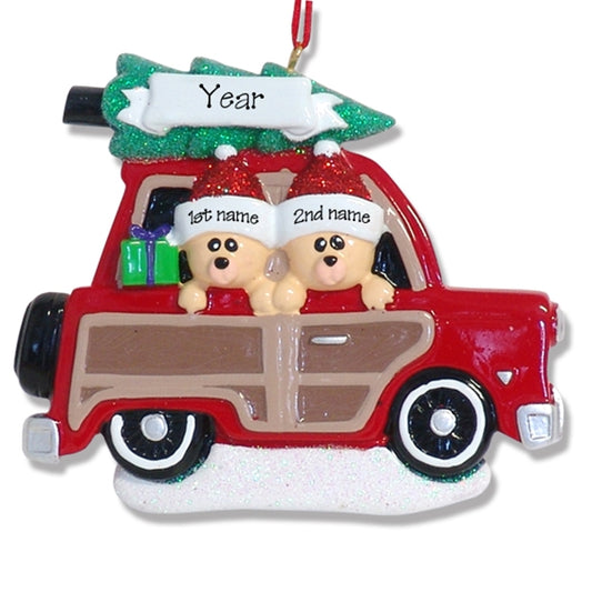 Belly Bear Family of 2 in Woody Wagon RESIN Personalized Couples Ornament