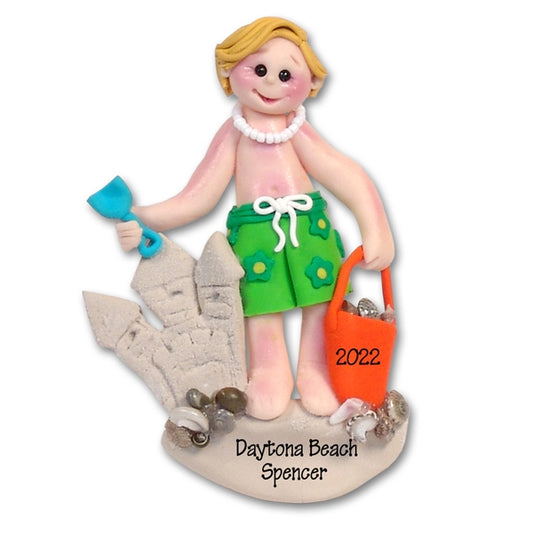 Boy at Beach handmade Polymer Clay Personalized Ornament - BLONDE