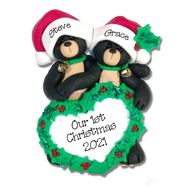 Black Bear Couple w/Heart Handmade Personalized Couples Ornament