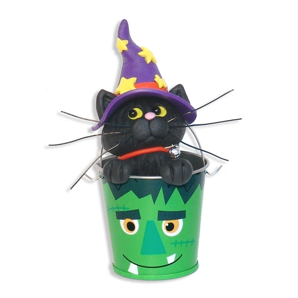 Halloween Cat in Frankenstein Bucket Halloween Figurine