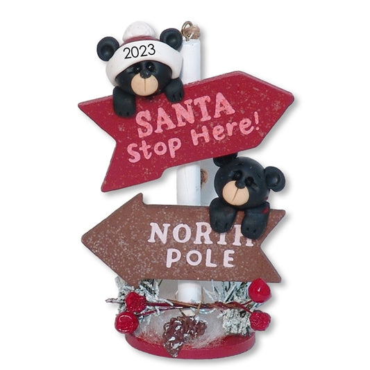 Two Black Bears with North Pole Sign Ornament