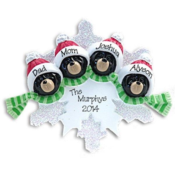 Black Bear Family of 4 on Snowflake Personalized Ornament - RESIN