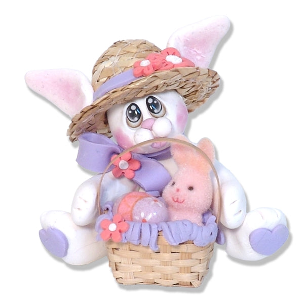 White EASTER BUNNY with Straw Hat and Basket Figurine Lavender & Peach