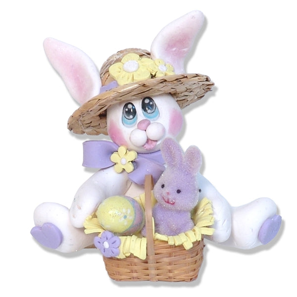 White EASTER BUNNY with Straw Hat and Basket Figurine Lavender & Yellow