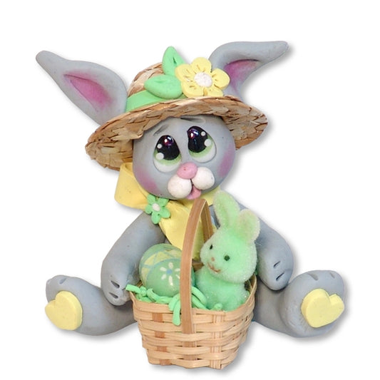 Gray EASTER BUNNY with Straw Hat and Basket Figurine