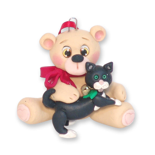 Belly Bear w/ KITTY CAT Personalized Christmas Ornament - Handmade Polymer Clay