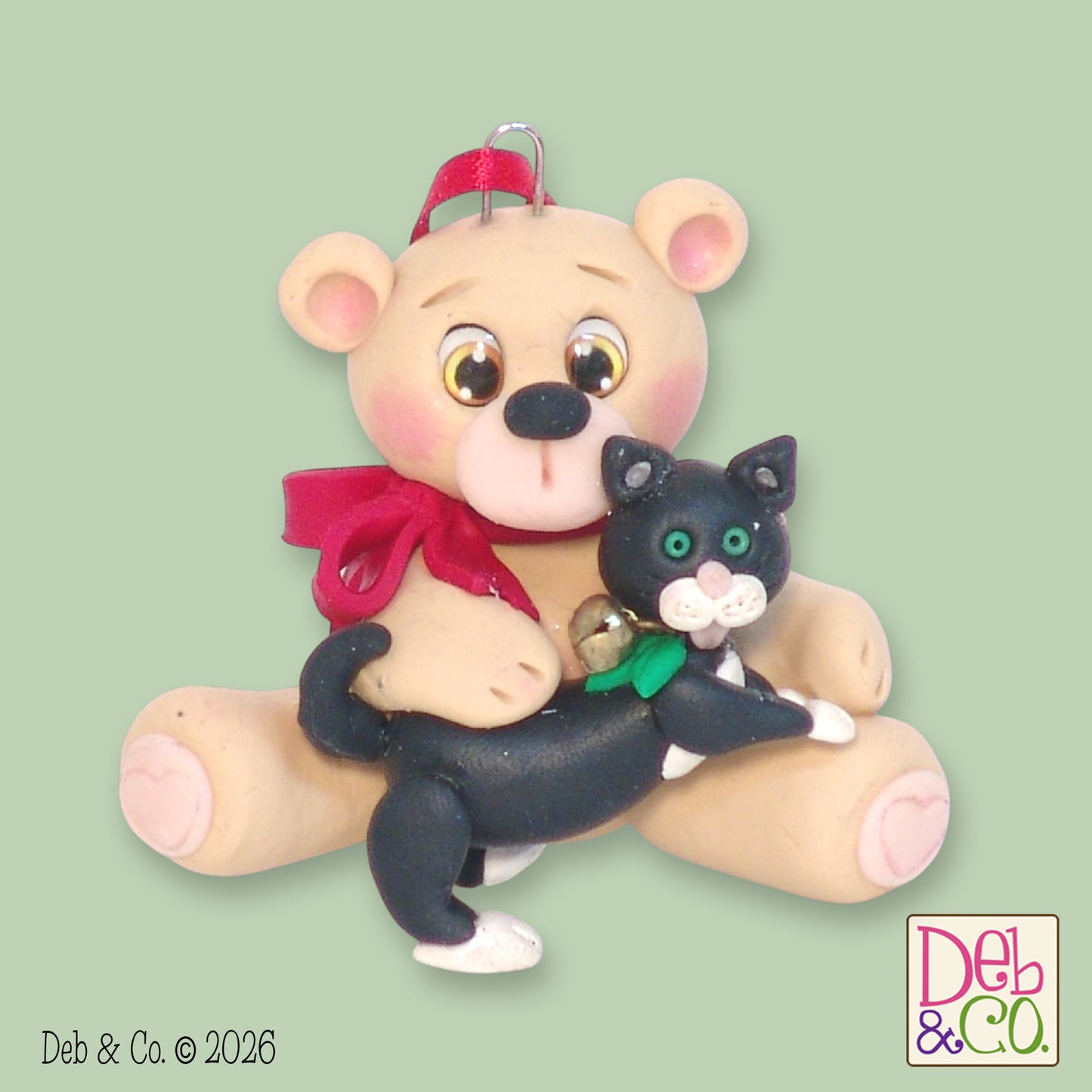 Belly Bear w/ KITTY CAT Personalized Christmas Ornament - Handmade Polymer Clay